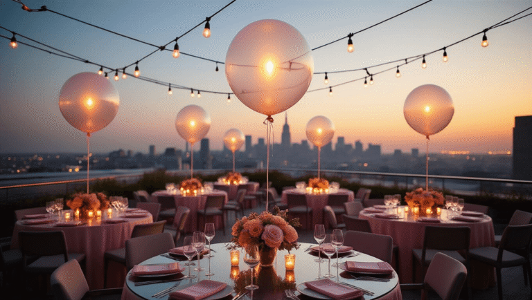 A luxurious rooftop terrace at golden hour adorned with illuminated clear balloons, warm LED lighting, modern glass dining tables with blush pink linens, and floral centerpieces, set against a vibrant city skyline, all captured in a photorealistic 8K resolution with soft lighting and a dreamy atmosphere.