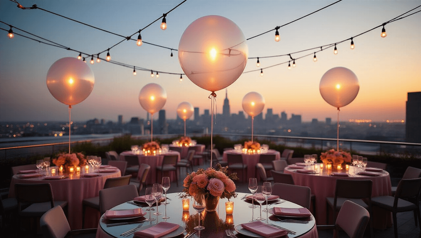 A luxurious rooftop terrace at golden hour adorned with illuminated clear balloons, warm LED lighting, modern glass dining tables with blush pink linens, and floral centerpieces, set against a vibrant city skyline, all captured in a photorealistic 8K resolution with soft lighting and a dreamy atmosphere.