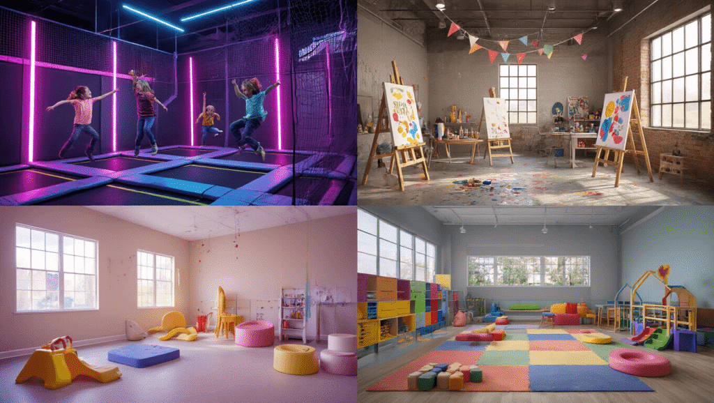 A cinematic collage of four indoor birthday party venues: a vibrant trampoline park with children jumping, an art studio filled with natural light and colorful supplies, a sensory-friendly space with warm lighting and adaptive play equipment, and a sophisticated rooftop venue at golden hour with panoramic city views, all captured in photorealistic detail.