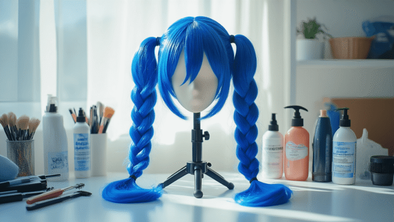 A bright cosplay workspace showcasing a professional styling head with a vibrant electric blue wig in long braided pigtails, surrounded by various styling tools and craft supplies, illuminated by natural daylight.