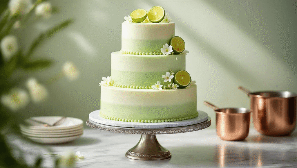A stunning three-tiered key lime wedding cake with mint-green to white ombré frosting, garnished with lime slices and edible flowers, displayed on a silver stand with a soft-focus backdrop of bakery elements.