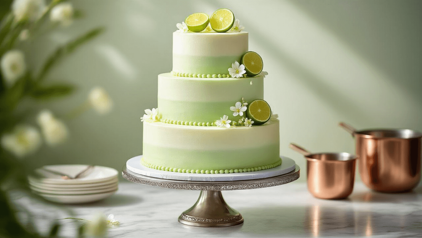 A stunning three-tiered key lime wedding cake with mint-green to white ombré frosting, garnished with lime slices and edible flowers, displayed on a silver stand with a soft-focus backdrop of bakery elements.