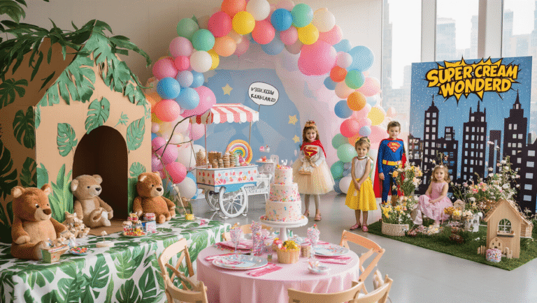 Vibrant birthday party scene featuring multiple themes: jungle safari with cardboard treehouse and stuffed animals, ice cream wonderland with pastel balloons and cart, superhero zone with cityscape backdrop and children in capes, and a fairy garden with twinkle lights and miniature houses, all beautifully lit in warm golden hour light.