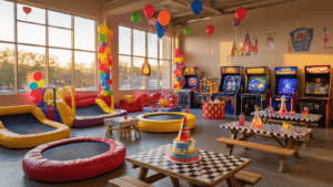 A vibrant kids' birthday party venue in Houston featuring trampolines, arcade games, and science stations, illuminated by warm golden hour light, with rainbow balloons, superhero decorations, and a rocket ship cake, capturing joyful children and parents in an energetic atmosphere.