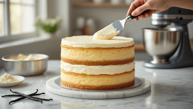Photorealistic image of a layered cheesecake cake assembly on a marble countertop, featuring a golden vanilla cake base, a white cheesecake layer, and topped with another vanilla layer. Cream cheese frosting is being spread with a spatula on a rotating cake stand, surrounded by scattered vanilla beans, sugar particles, a KitchenAid mixer, and vintage bowls filled with ingredients. Soft natural lighting enhances the textures and layers with a slight depth of field blur.