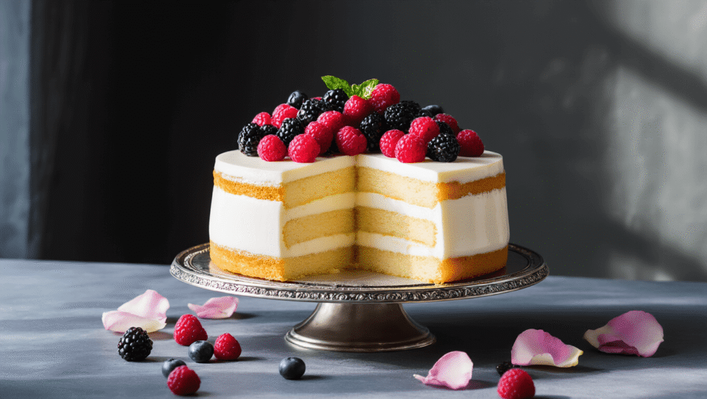 A beautifully layered panna cotta birthday cake on a silver stand, featuring golden vanilla sponge and white panna cotta, adorned with fresh berries and rose petals, captured in soft natural light against a dark background.
