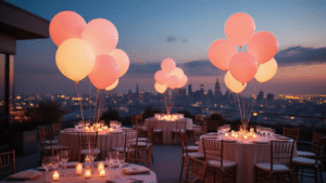 A magical nighttime rooftop terrace celebration featuring ethereal glowing LED balloons in blush pink and cream, elegant tables with ivory silk linens, and candle centerpieces, all against a blurred city skyline in a dreamy atmospheric haze.