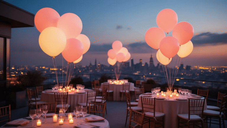 A magical nighttime rooftop terrace celebration featuring ethereal glowing LED balloons in blush pink and cream, elegant tables with ivory silk linens, and candle centerpieces, all against a blurred city skyline in a dreamy atmospheric haze.