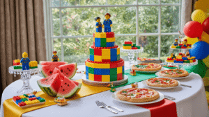 Luxurious LEGO-themed birthday party tablescape featuring a multi-tiered brick cake, geometric watermelon carvings, artisanal pizza, custom minifigure cookies, and vibrant decorations, all under warm golden hour lighting.