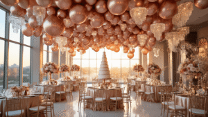 A luxurious event space adorned with cascading rose gold balloon installations, featuring an elegant tablescape with champagne silk linens, brass geometric centerpieces, and scattered rose petals, all bathed in warm ambient lighting and golden hour sunlight.