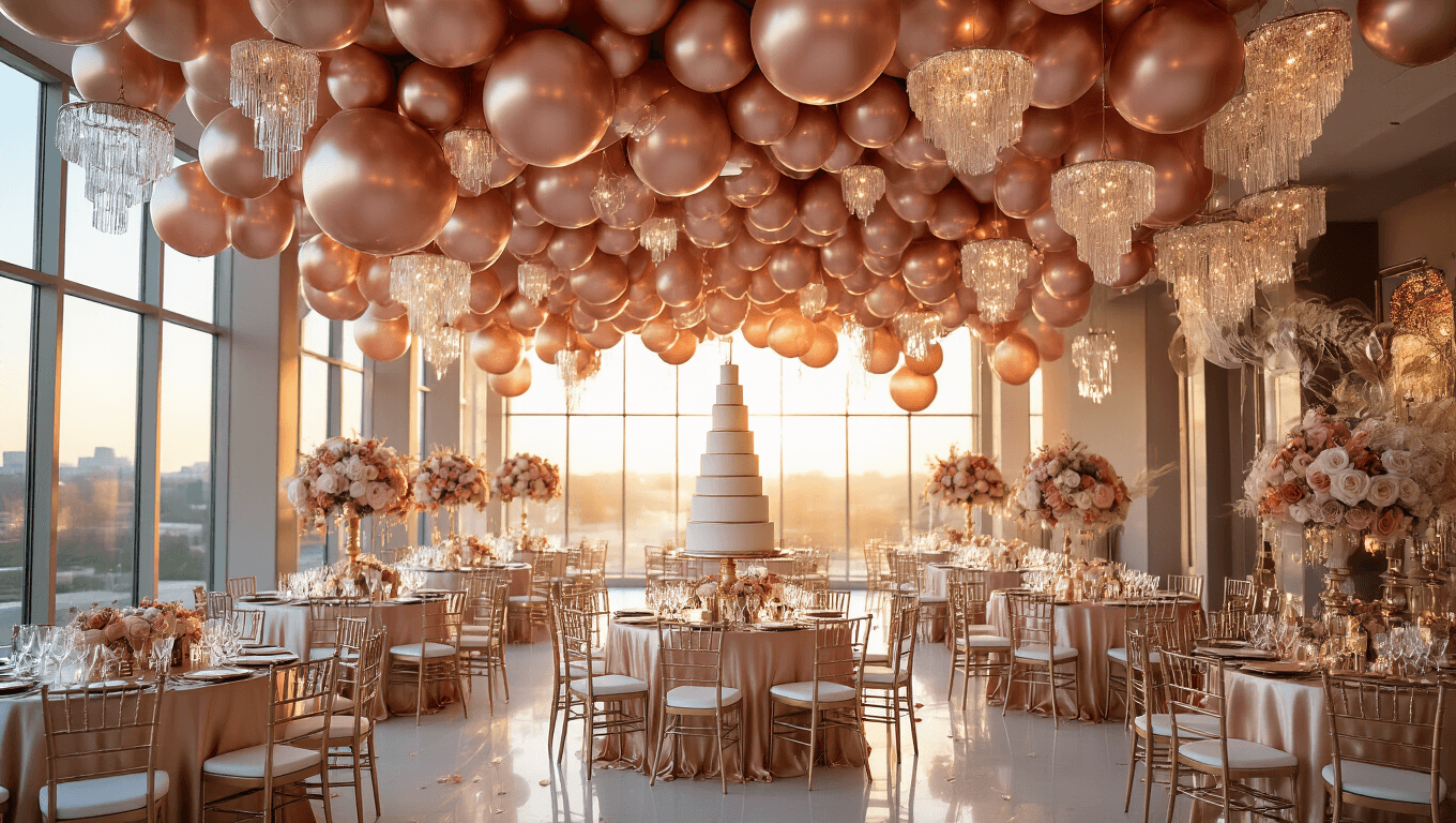 A luxurious event space adorned with cascading rose gold balloon installations, featuring an elegant tablescape with champagne silk linens, brass geometric centerpieces, and scattered rose petals, all bathed in warm ambient lighting and golden hour sunlight.