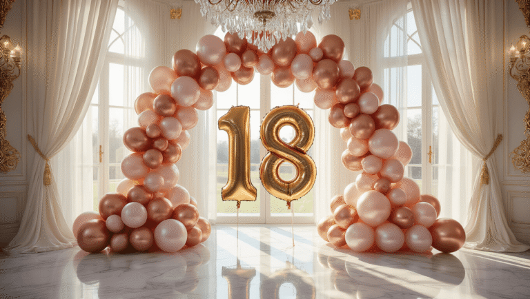 Photorealistic image of a grand ballroom entrance decorated with a dramatic balloon arch featuring metallic gold '18' foil balloons and a cascade of rose gold, blush pink, and pearl white latex balloons. Golden hour sunlight illuminates the scene, highlighting a crystal chandelier and polished marble flooring, with sheer ivory drapery and an ornate gold-framed mirror in the background. Hyperrealistic balloon textures and expert lighting create a glamorous ambiance.