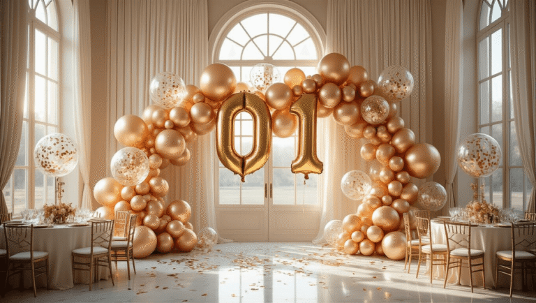 Luxurious event space decorated with gold and rose gold balloons, soft golden hour lighting, ivory silk draped walls, polished marble floors, elegant table settings, and warm candlelight; showcasing sophisticated gold balloon decor.