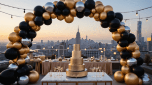 Ultra-wide shot of a luxurious rooftop terrace at golden hour, featuring a dramatic black, gold, and silver balloon arch, champagne-colored table settings, a marble dessert cart with a metallic cake, and ambient lighting, all against a glittering city skyline.