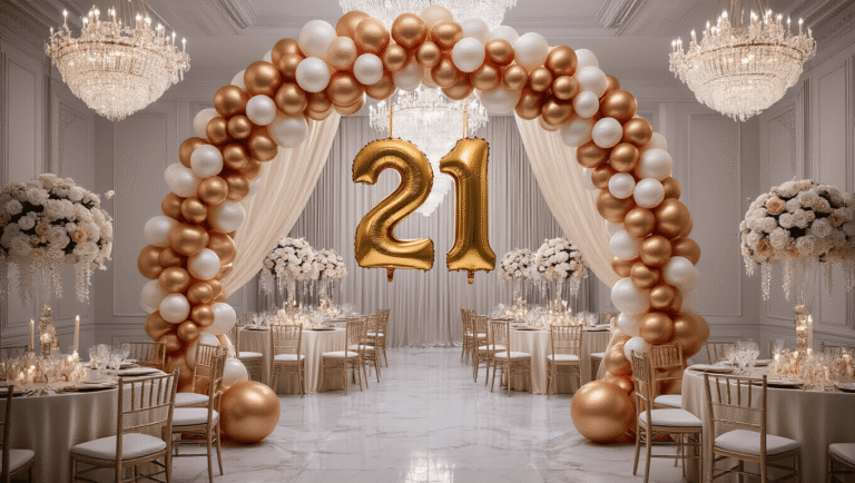 Opulent ballroom decorated for a 21st birthday with gold and champagne balloon arch, metallic "21" balloons, crystal chandeliers, ivory silk tables with floral centerpieces, cascading balloon garlands, and a sparkling champagne tower, captured in warm golden hour lighting.