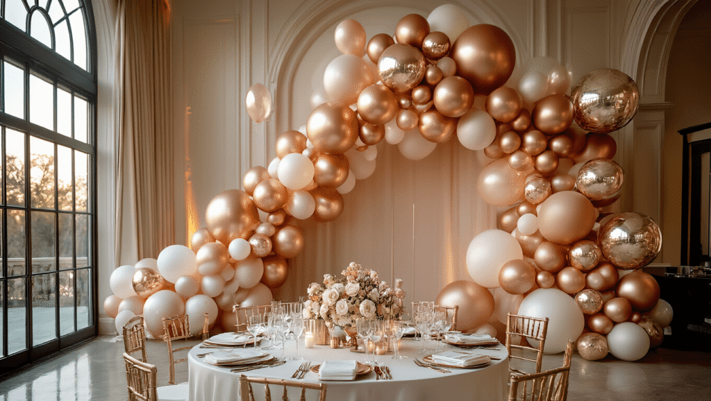 A luxurious event styling setup in a grand ballroom, featuring a dramatic balloon installation with gold, rose gold, and champagne foil balloons, a stunning tablescape with crystal candelabras and silk linens, and an organic balloon arch, all illuminated by soft golden hour light.