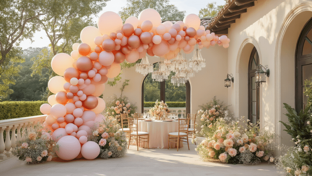 Photorealistic image of an elegant garden terrace featuring a stunning balloon installation in ombré blush pink to rose gold, adorned with preserved flowers, crystal chandeliers, and beautifully set tables with silk linens and decorative elements, all illuminated by warm lighting during golden hour.