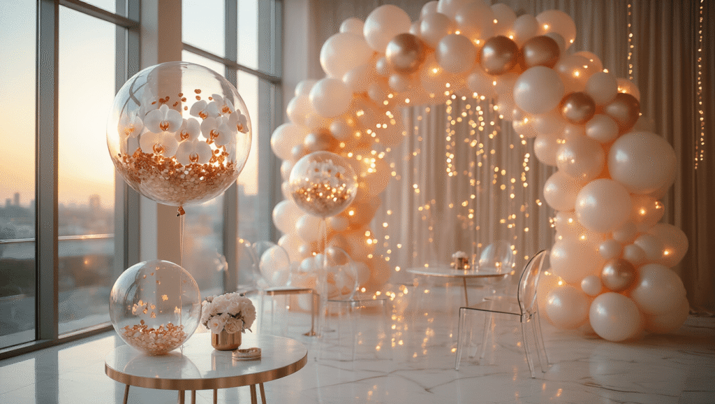 Photorealistic image of an elegant event space featuring a grand bubble balloon installation with fresh white orchids and rose gold confetti, illuminated by soft natural light. A matte white marble table with brass accents and ghost chairs is in the foreground, while a gradient arch of champagne to blush pink bubble balloons forms the background. The composition captures reflections and prismatic effects in high detail.