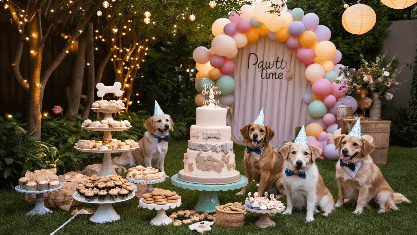 High-end photograph of a whimsical backyard dog birthday party with a luxury treat table, dogs in party attire, and a "Pawty Time" balloon arch, all captured in golden hour lighting.