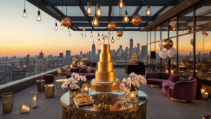 A luxurious rooftop terrace at sunset featuring a glamorous dessert table with a three-tier gold cake, geometric food displays, and a champagne tower. Young professionals in cocktail attire mingle under ambient Edison bulb lighting, surrounded by velvet furniture, floating candles, and a DJ booth with vintage vinyl records.