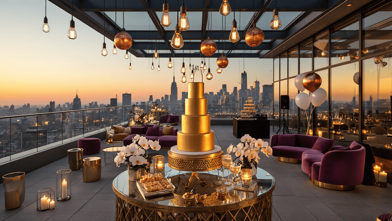 A luxurious rooftop terrace at sunset featuring a glamorous dessert table with a three-tier gold cake, geometric food displays, and a champagne tower. Young professionals in cocktail attire mingle under ambient Edison bulb lighting, surrounded by velvet furniture, floating candles, and a DJ booth with vintage vinyl records.