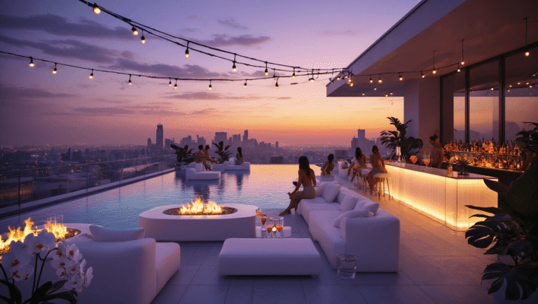 A luxurious rooftop pool party at twilight, featuring an infinity pool reflecting a golden-purple sunset, modern lounge furniture, a glowing acrylic bar with colorful cocktails, string lights overhead, and guests socializing in resort wear against a striking city skyline.