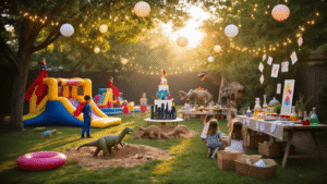 A whimsical backyard birthday party scene featuring activity stations like a superhero obstacle course, dinosaur dig pit, mad scientist table, and arts & crafts area, decorated with string lights and lanterns, a grand dessert table, and excited 5-year-olds engaging in fun under warm golden sunlight.