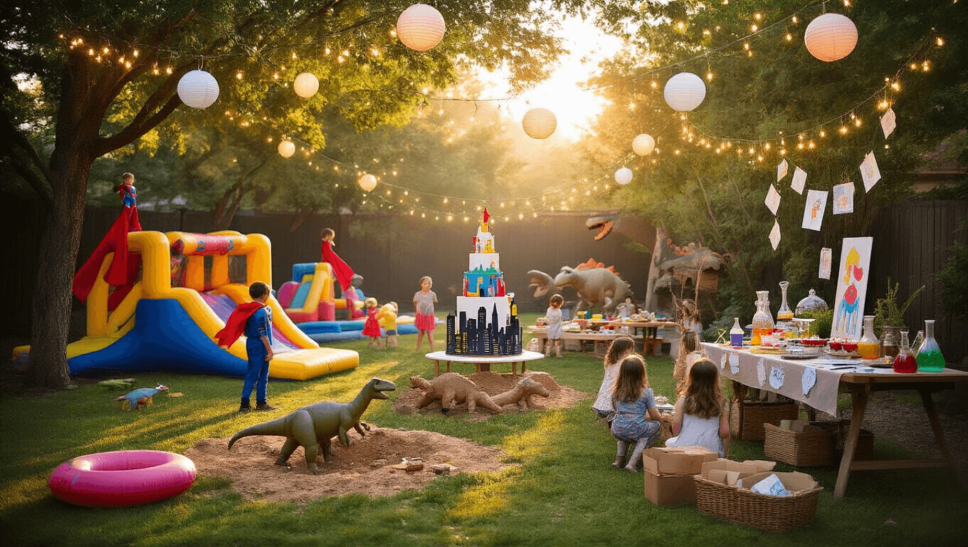 A whimsical backyard birthday party scene featuring activity stations like a superhero obstacle course, dinosaur dig pit, mad scientist table, and arts & crafts area, decorated with string lights and lanterns, a grand dessert table, and excited 5-year-olds engaging in fun under warm golden sunlight.