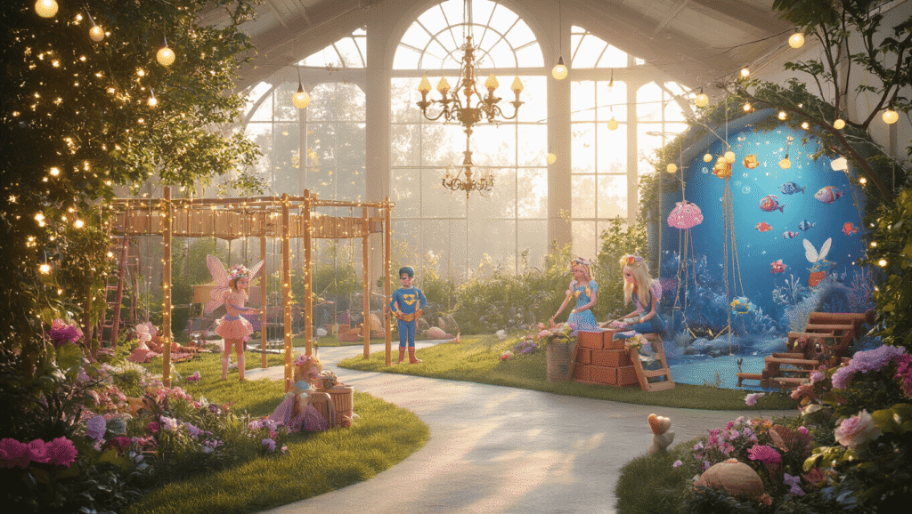 A vibrant, multi-themed kids' birthday party scene featuring a whimsical Fairy Garden, a Superhero Training Camp, and an Underwater Mermaid zone, filled with excited children in costumes, intricate cakes, and ambient fairy lights, captured in soft natural lighting with rich textures and a colorful palette.