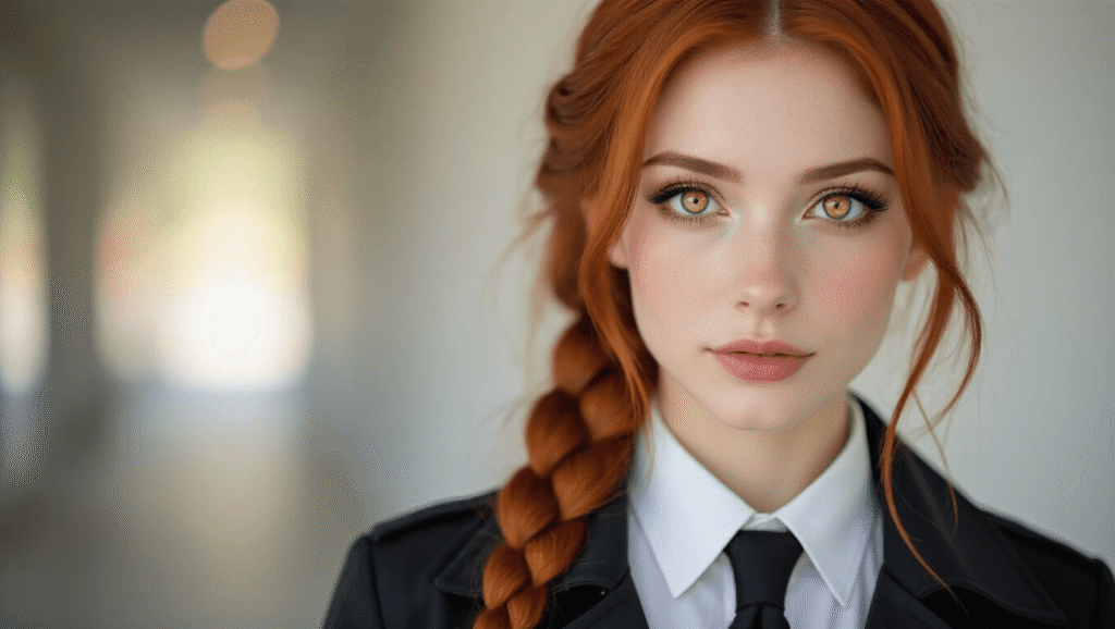 A portrait of a woman with long auburn hair in a loose braid, dressed in a white shirt and black tie, featuring golden eyes and a mysterious half-smile, set against a softly lit studio background.