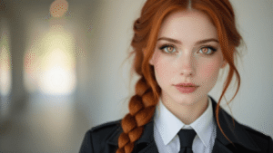 A portrait of a woman with long auburn hair in a loose braid, dressed in a white shirt and black tie, featuring golden eyes and a mysterious half-smile, set against a softly lit studio background.