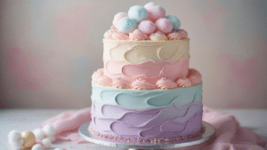 A beautifully layered marble birthday cake with pastel pink, blue, and violet buttercream frosting on a silver cake stand, topped with cotton candy clouds and sprinkled with edible glitter, set against a bright kitchen backdrop.