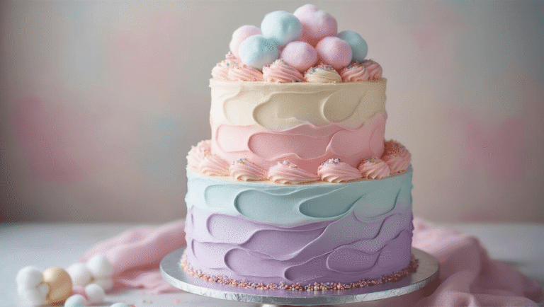 A beautifully layered marble birthday cake with pastel pink, blue, and violet buttercream frosting on a silver cake stand, topped with cotton candy clouds and sprinkled with edible glitter, set against a bright kitchen backdrop.