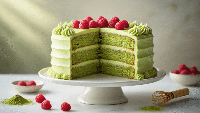 A stunning two-layer matcha cake with smooth matcha buttercream, elegantly displayed on a white ceramic cake stand, surrounded by fresh raspberries, a bamboo whisk, and a dusting of matcha powder, captured in soft natural light with a blurred background of tea leaves and a ceramic tea bowl.