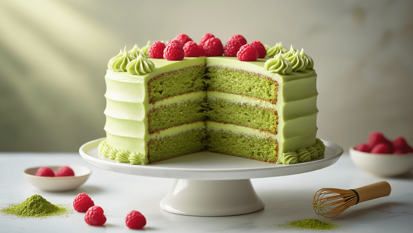 A stunning two-layer matcha cake with smooth matcha buttercream, elegantly displayed on a white ceramic cake stand, surrounded by fresh raspberries, a bamboo whisk, and a dusting of matcha powder, captured in soft natural light with a blurred background of tea leaves and a ceramic tea bowl.