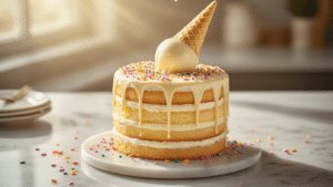 A close-up of a three-layer vanilla birthday cake with white buttercream frosting, elegant white chocolate ganache drips, and a golden sugar cone topped with a melting ice cream cake pop, decorated with rainbow sprinkles, shot on a marble counter with soft golden hour lighting and shallow depth of field.