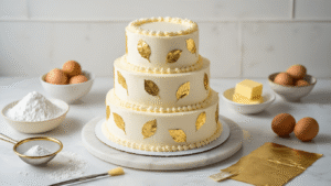 Three-layer birthday cake with white buttercream and edible gold leaf on a marble turntable, surrounded by baking ingredients, captured in warm studio lighting.