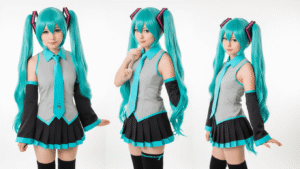 Hatsune Miku cosplay essentials including a turquoise twin tails wig, gray and aqua outfit, black arm warmers, and thigh-high boots, arranged on a pristine white background with professional studio lighting.