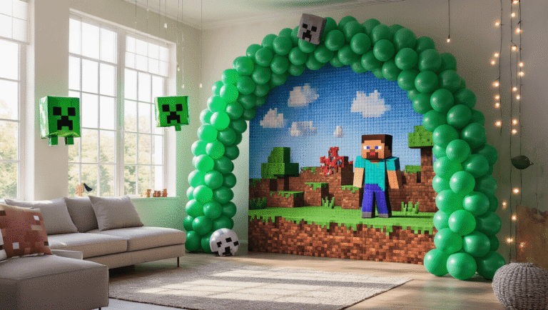 A vibrant Minecraft-themed party scene featuring a balloon arch in pixel patterns, character-shaped foil balloons, and a balloon mosaic with a crafting table-inspired dessert station, all bathed in soft natural light and atmospheric haze.