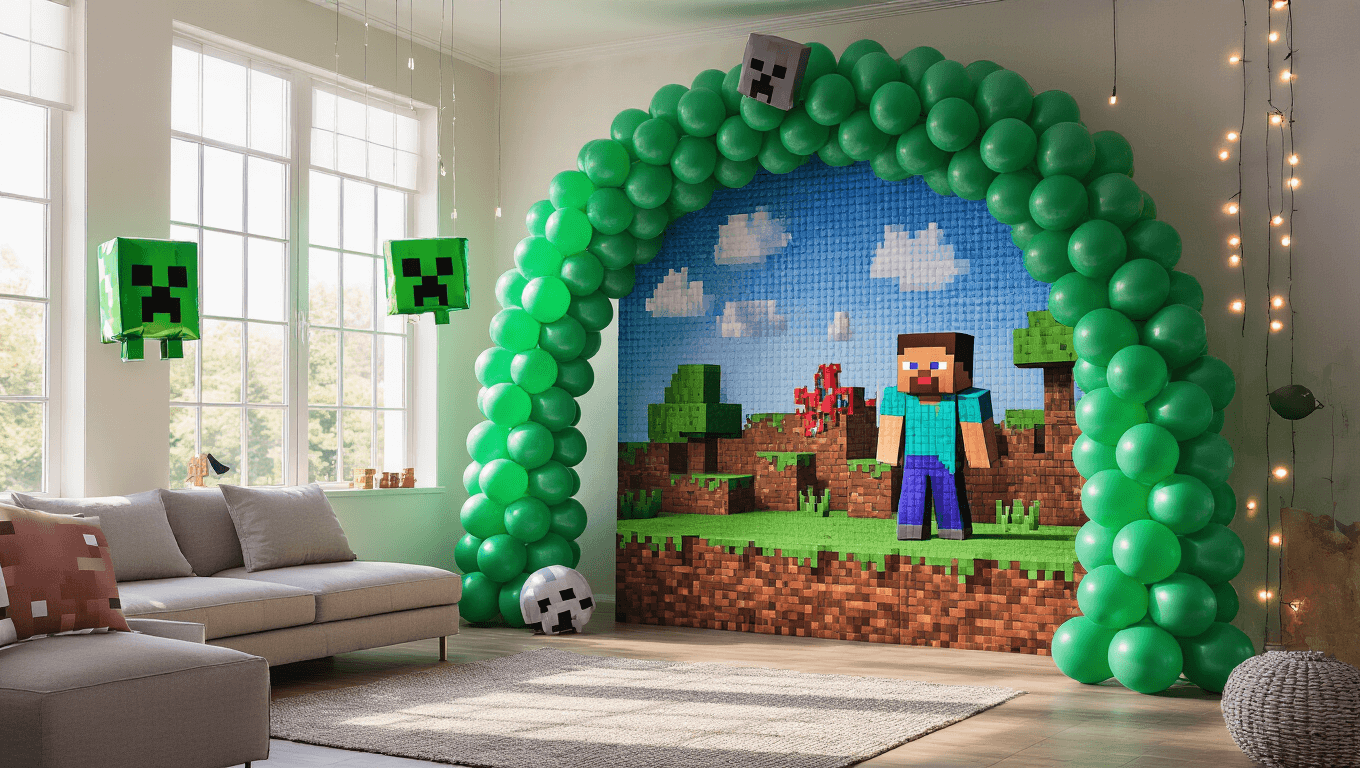 A vibrant Minecraft-themed party scene featuring a balloon arch in pixel patterns, character-shaped foil balloons, and a balloon mosaic with a crafting table-inspired dessert station, all bathed in soft natural light and atmospheric haze.