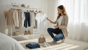 A fashion-forward woman curates a minimalist capsule wardrobe in a sunlit white bedroom, showcasing dark wash jeans, a white t-shirt, a blazer, and sneakers on a plush cream carpet, with organized neutral-toned basics illuminated by natural light streaming through sheer curtains.