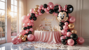 Magical Minnie Mouse Balloons: The Ultimate Party Decor Guide Enchanted Minnie Mouse balloon party setup with pink, black, and gold accents in a sunlit modern living room, featuring a dramatic AirWalker balloon centerpiece, elegant table settings, and vibrant decor elements.