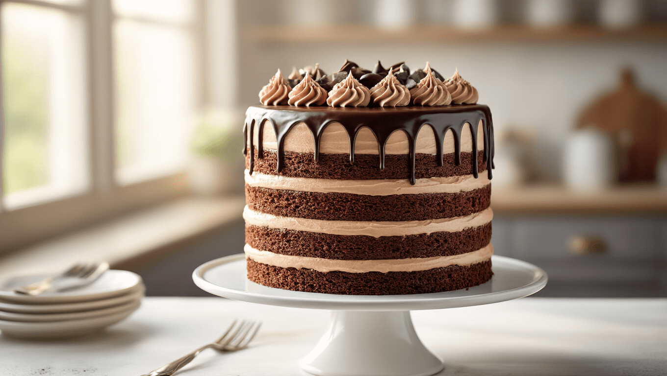 A luxurious three-layer mocha latte cake on a white ceramic stand, highlighted by natural light, showcasing chocolate layers and mocha buttercream frosting, adorned with dark chocolate ganache, coffee beans, and decorative baking ingredients in a rustic kitchen setting.