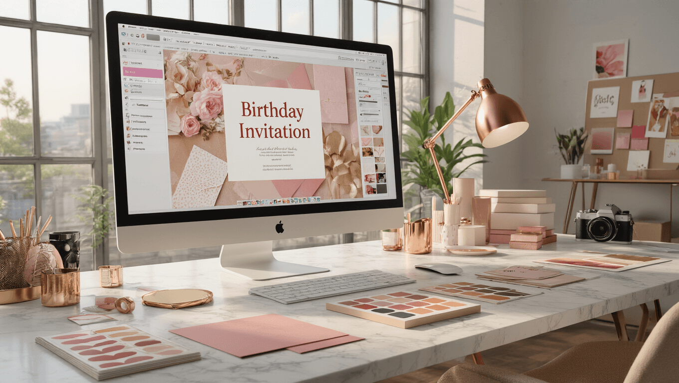 A photorealistic interior of a modern design studio workspace featuring an iMac with Canva's birthday invitation templates, organized desk with color swatches and premium cardstock in blush pink and cream, natural light from floor-to-ceiling windows, and a mood board of party themes, all captured in warm golden hour lighting with shallow depth of field.