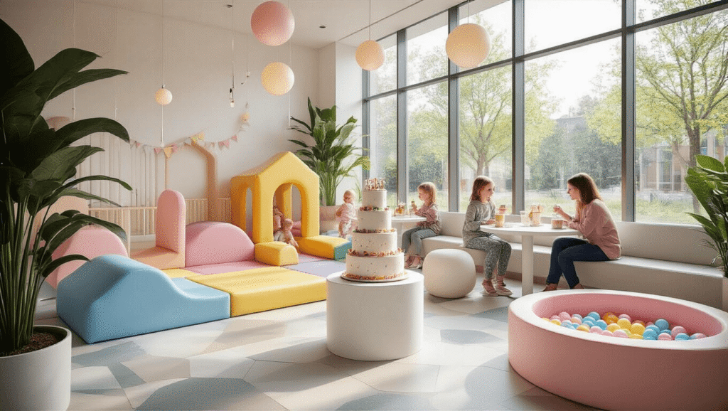 Photorealistic interior of a modern indoor play cafe during a toddler birthday celebration, featuring vibrant soft play structures in pastel colors, a 3-tier cake display, and happy toddlers playing, all enveloped in warm, natural lighting from large windows.