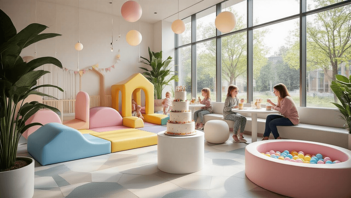 Photorealistic interior of a modern indoor play cafe during a toddler birthday celebration, featuring vibrant soft play structures in pastel colors, a 3-tier cake display, and happy toddlers playing, all enveloped in warm, natural lighting from large windows.