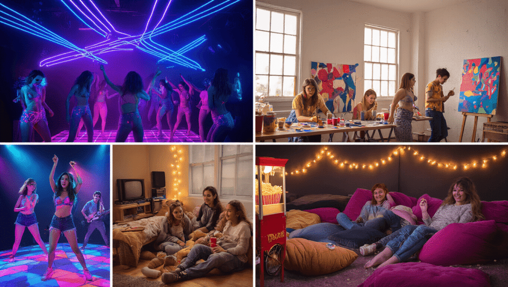 A vibrant collage of six modern teen party scenes, including a neon-lit dance floor, an art studio filled with natural light, a cozy home theater, a serene spa setting, an action shot at a trampoline park, and a steampunk-themed escape room, all captured in high saturation and cinematic lighting.