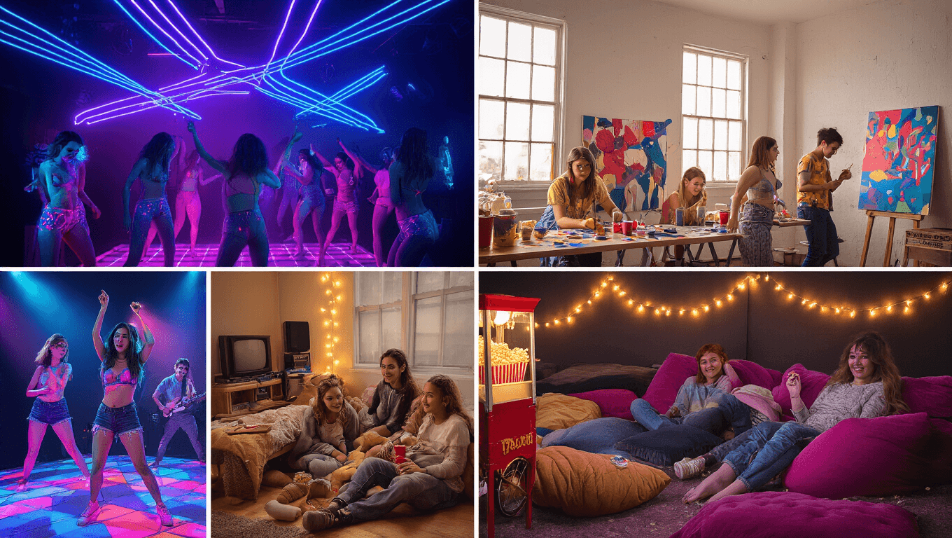 A vibrant collage of six modern teen party scenes, including a neon-lit dance floor, an art studio filled with natural light, a cozy home theater, a serene spa setting, an action shot at a trampoline park, and a steampunk-themed escape room, all captured in high saturation and cinematic lighting.