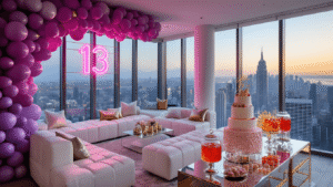 A luxurious penthouse birthday party for a modern teen, featuring a cityscape view, ombré purple balloon installation, neon sign reading "13", elegant modular seating, a stylish dessert table, preserved flower wall backdrop, and teens with professional lighting and designer props, all captured in warm ambient lighting.