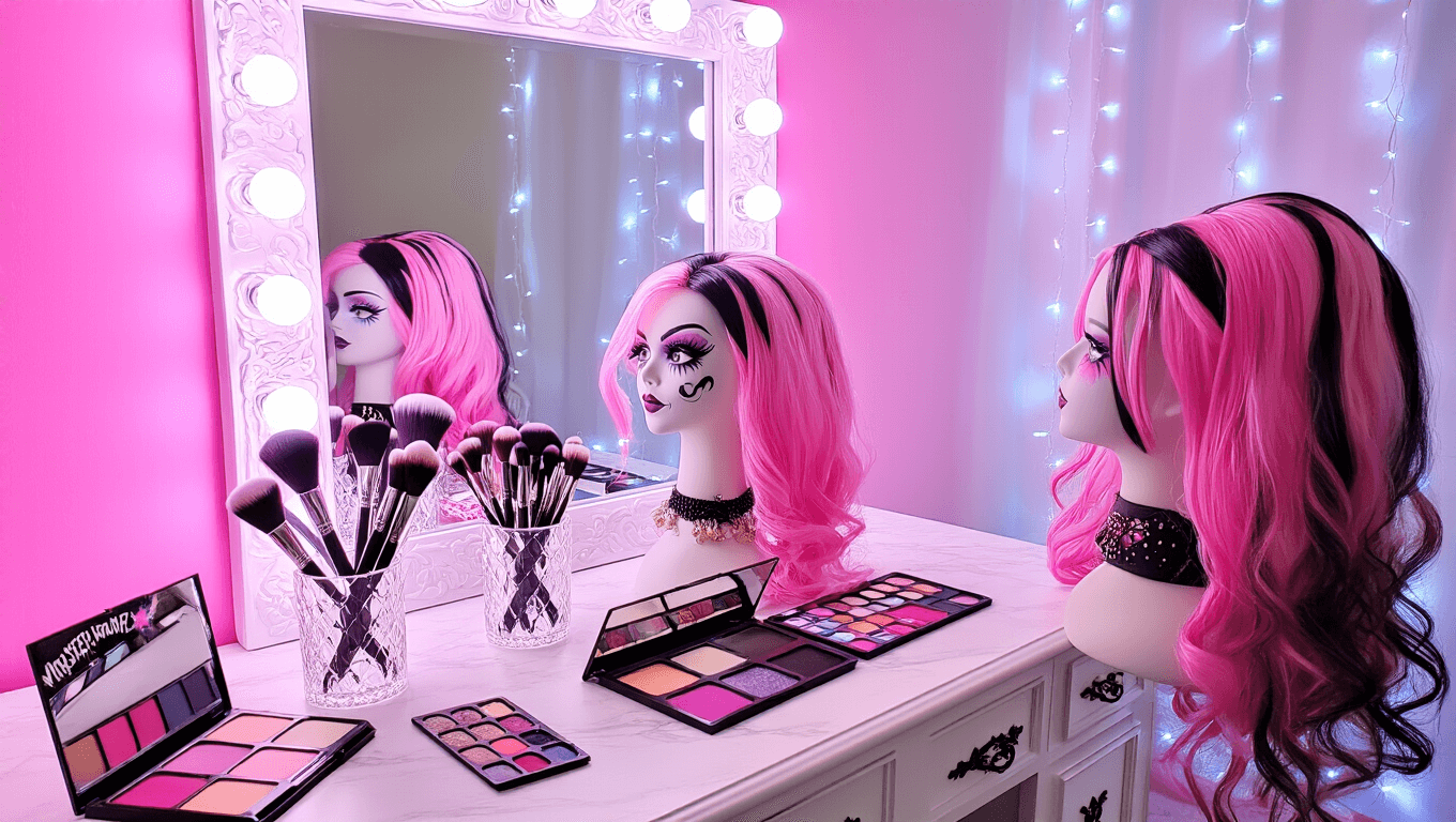A makeup studio featuring a pink Draculaura wig on a mannequin, elegant makeup brushes on a marble vanity, and Monster High-themed face paint palettes, all illuminated by soft pink and purple LED lights and reflected in a large ornate mirror.